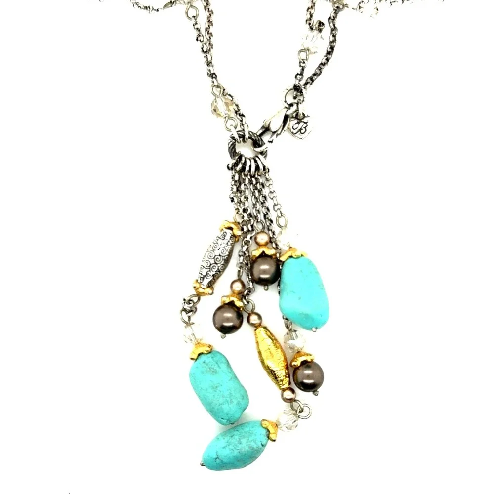 Brighton Turquoise Pearl Silver Gold Tone Tassel Necklace 17.5